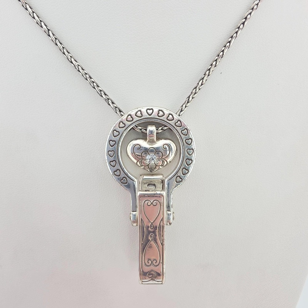BRIGHTON 'Floating Heart' ID Badge Holder Clip Lanyard Crystal Silver Plate 36"